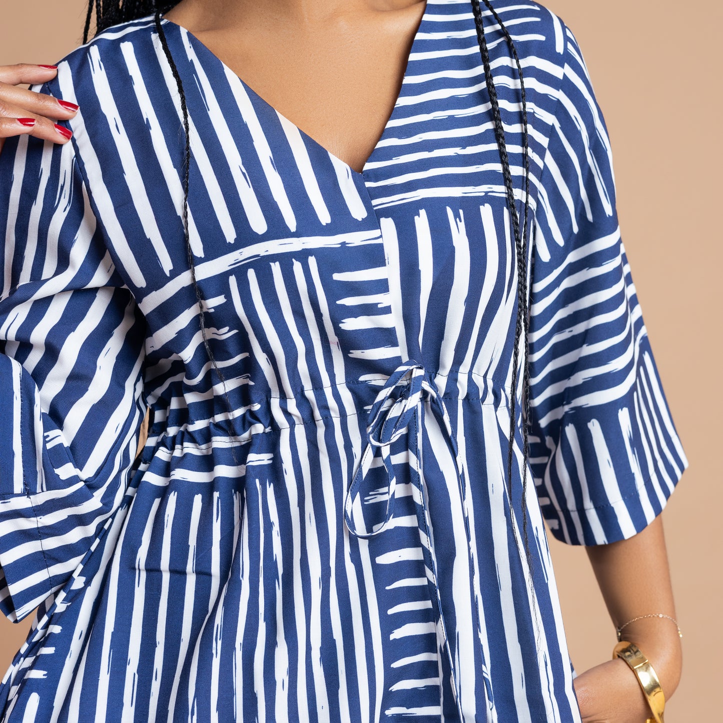 Nia 3/4 Sleeve Front Slit Maxi - Blue Mixed Stripe