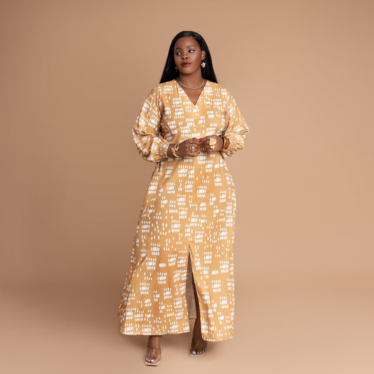 Nia Flowy Maxi Dress with Front Slit - Mustard