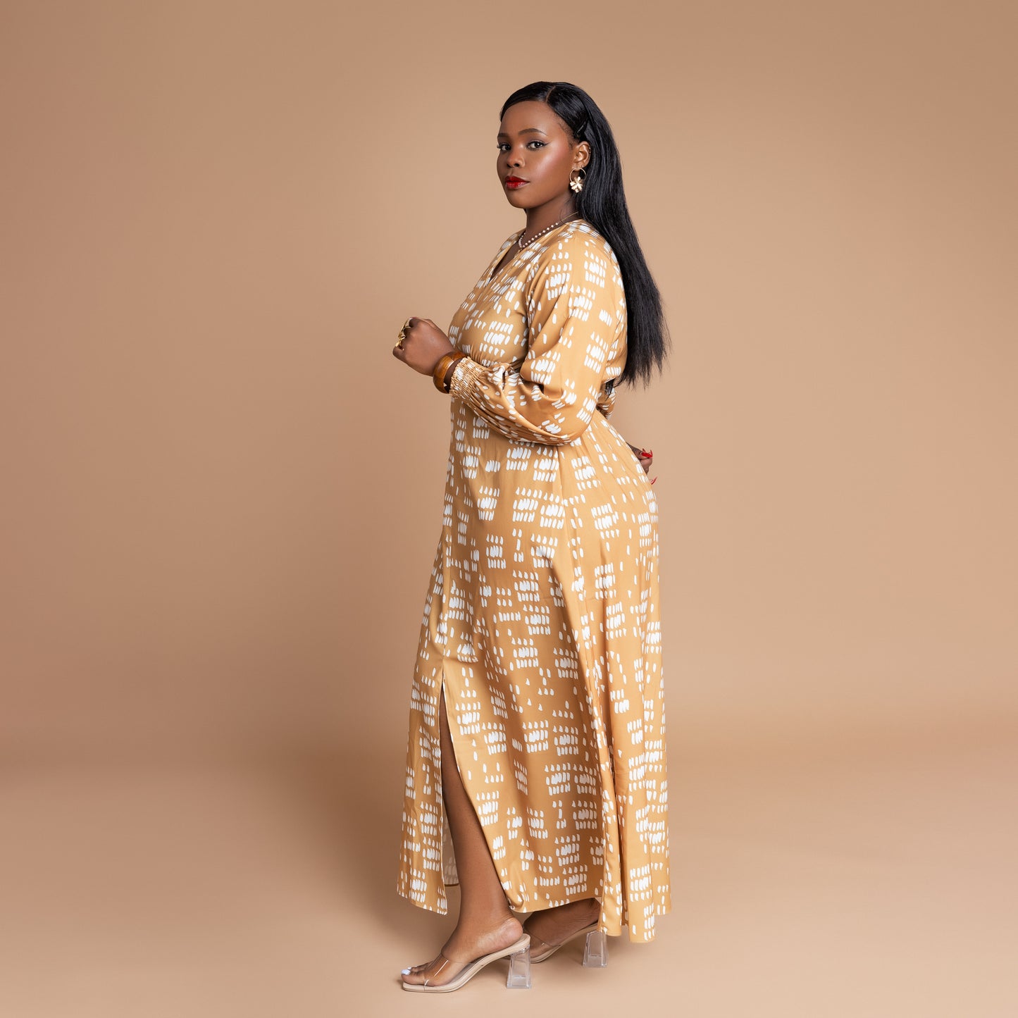 Nia Flowy Maxi Dress with Front Slit - Mustard