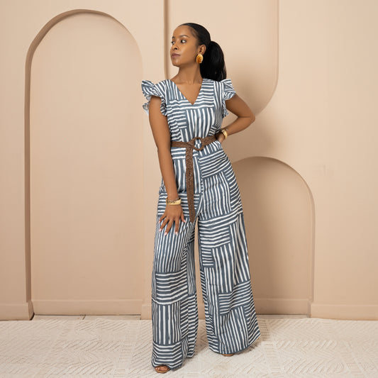 Nia Wide Leg Flutter Sleeve Jumpsuit - Cool Sage Mixed Stripe