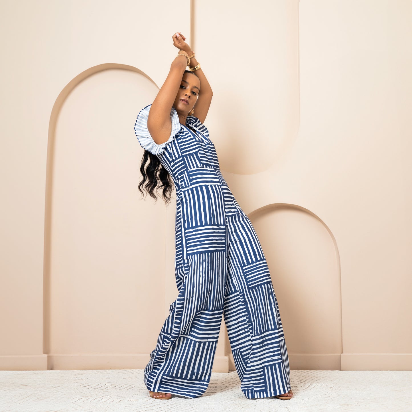 Nia Wide Leg Flutter Sleeve Jumpsuit - Blue Mixed Stripe