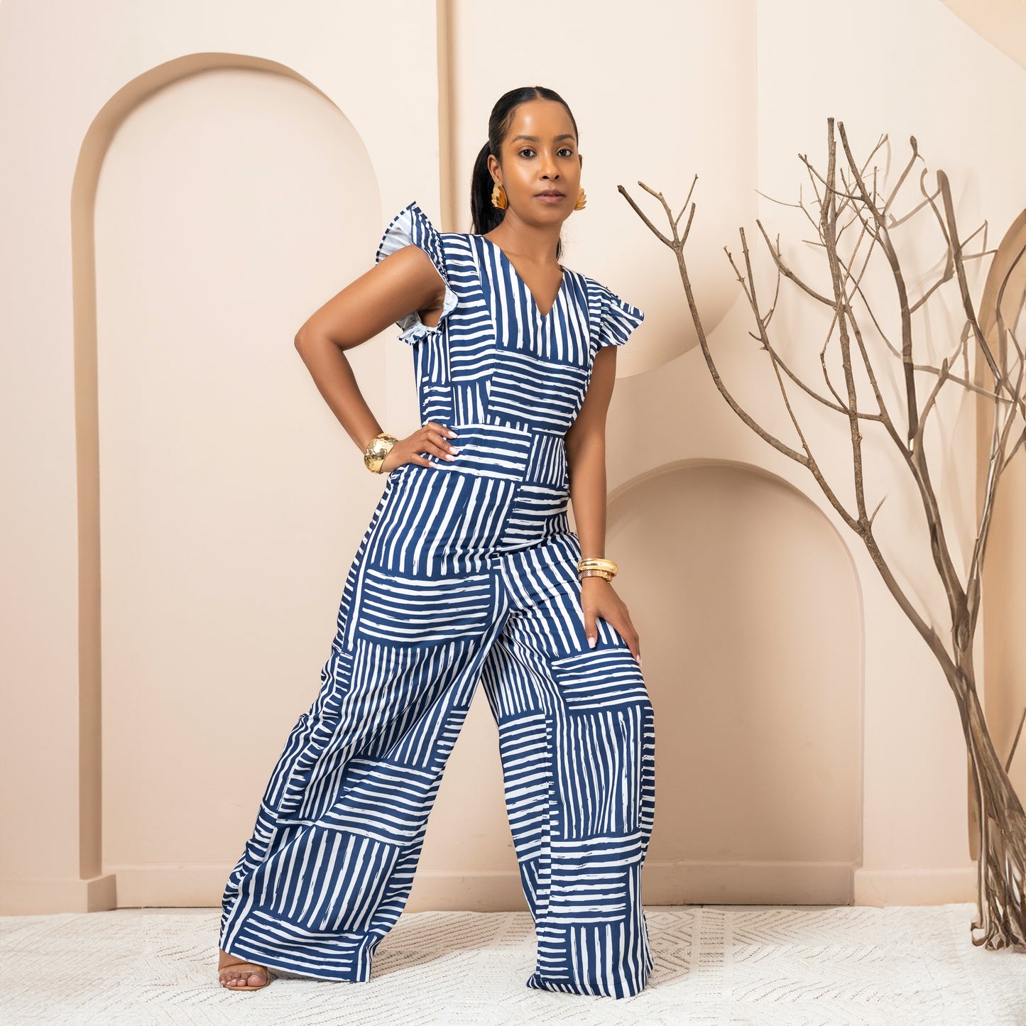 Nia Wide Leg Flutter Sleeve Jumpsuit - Blue Mixed Stripe