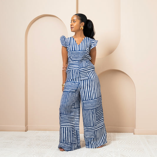 Nia Wide Leg Flutter Sleeve Jumpsuit - Blue Mixed Stripe