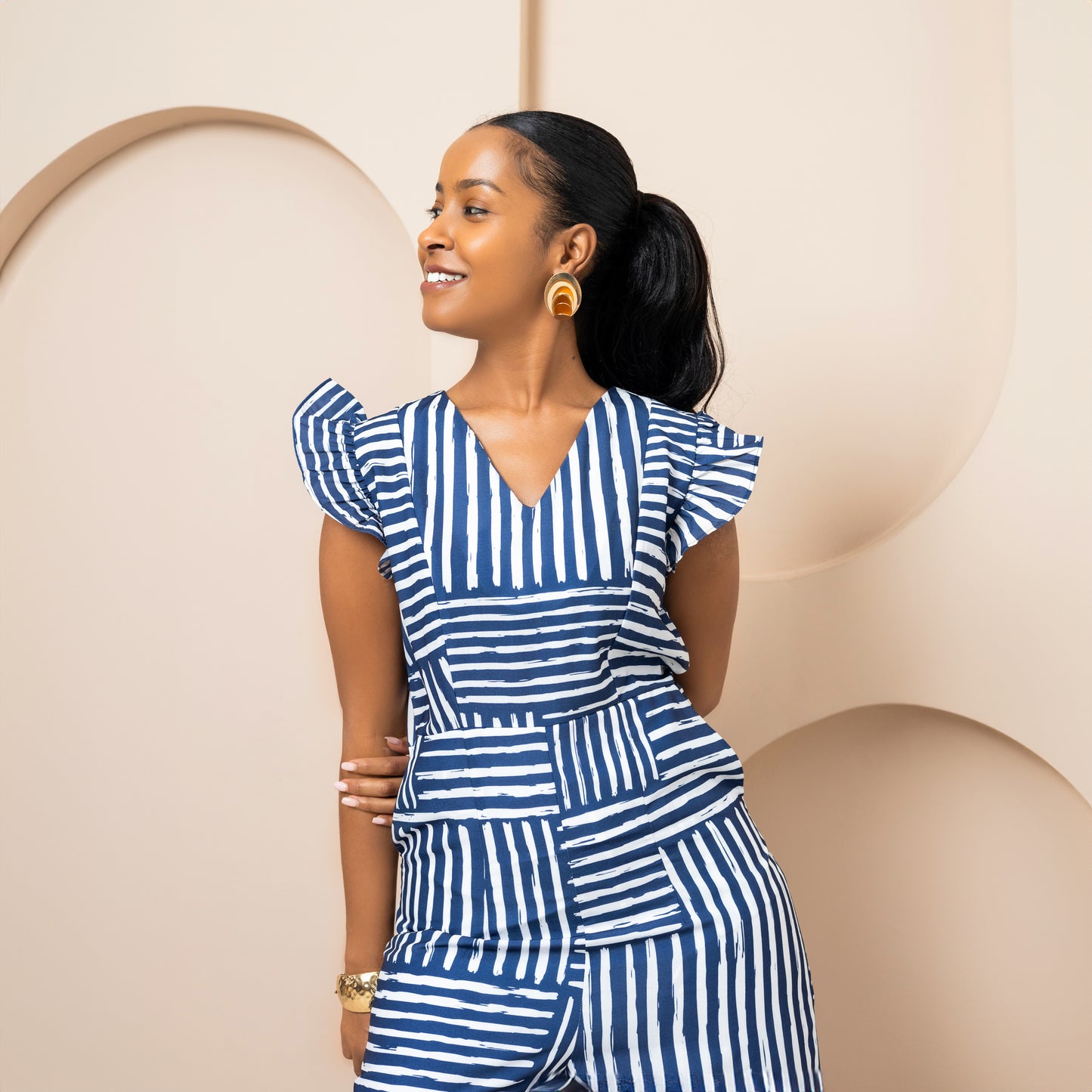 Nia Wide Leg Flutter Sleeve Jumpsuit - Blue Mixed Stripe