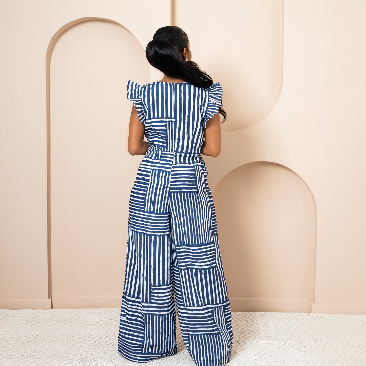 Nia Wide Leg Flutter Sleeve Jumpsuit - Blue Mixed Stripe