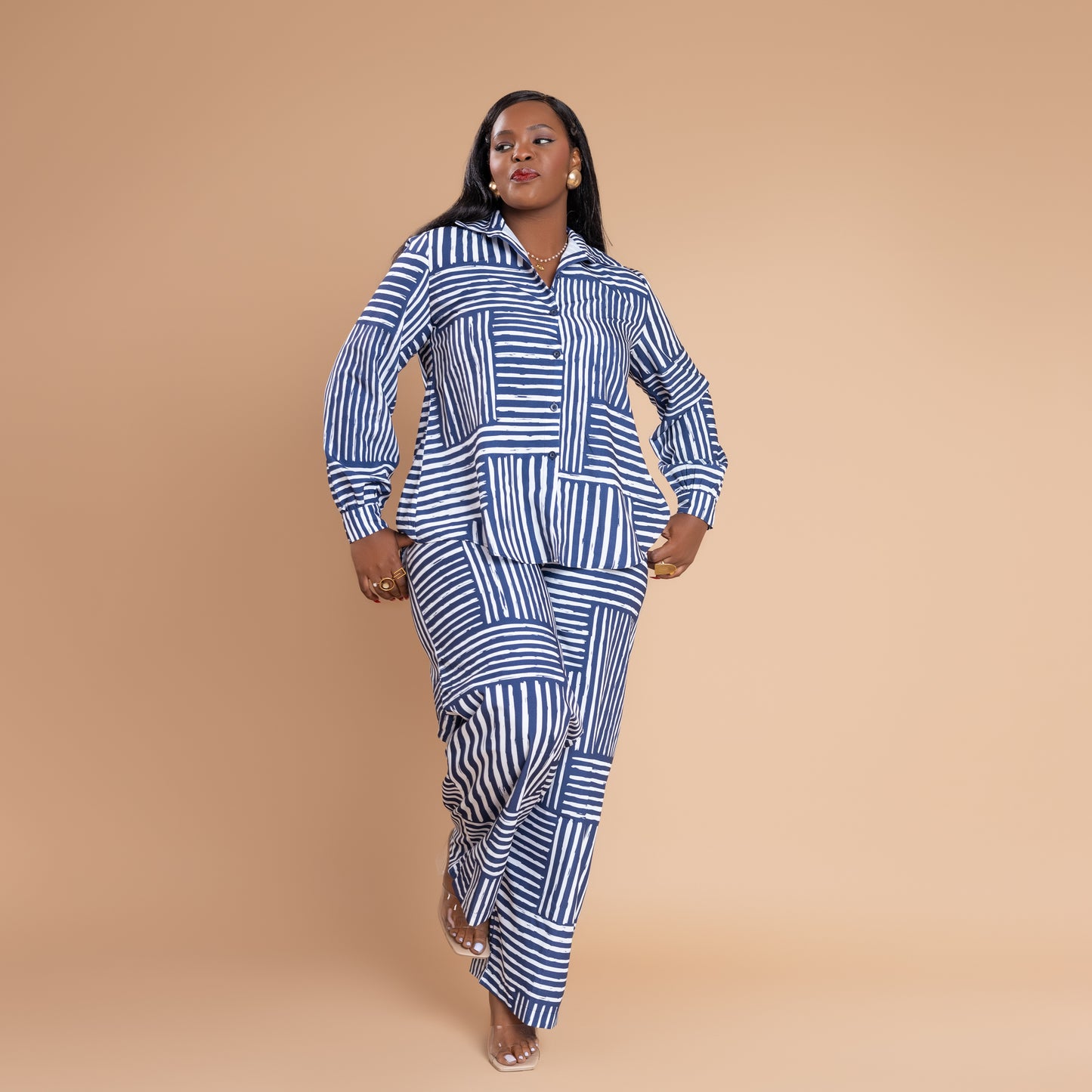 Nia Relaxed Shirt & Wide Leg Pant Set - Blue