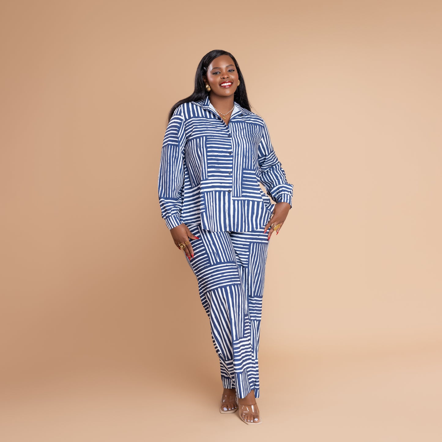 Nia Relaxed Shirt & Wide Leg Pant Set - Blue