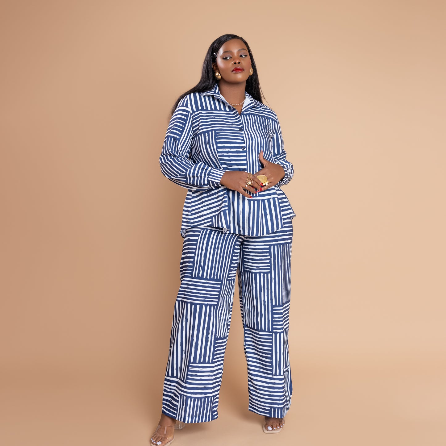 Nia Relaxed Shirt & Wide Leg Pant Set - Blue