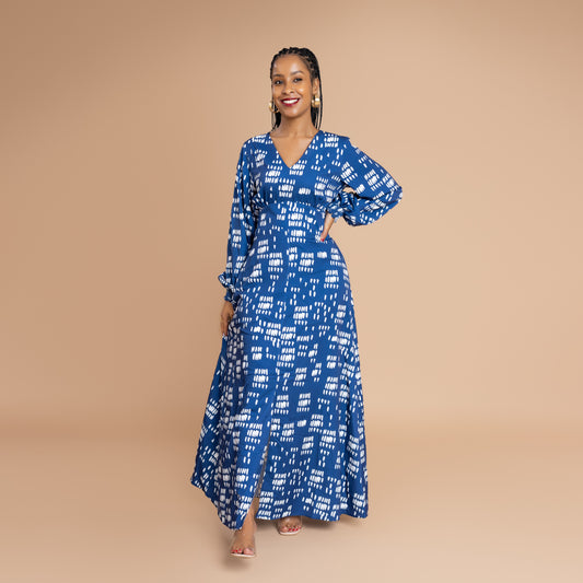 Nia Flowy Maxi Dress with Front Slit - Blue
