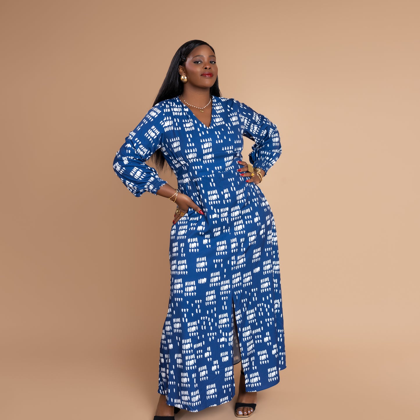 Nia Flowy Maxi Dress with Front Slit - Blue