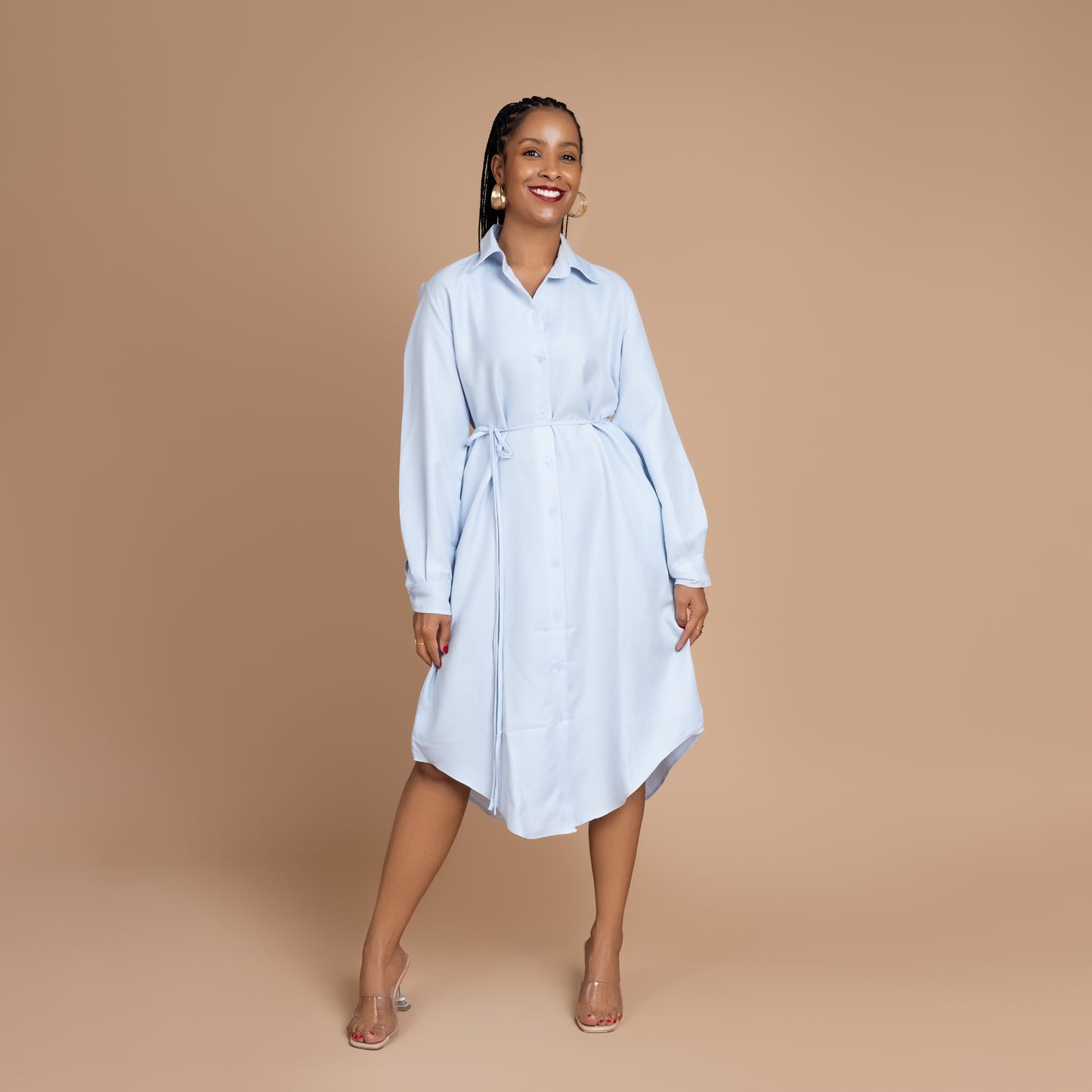 Button Down Midi-length Cotton Shirtdress - Baby Blue