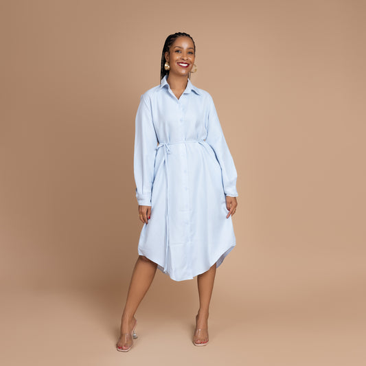 Button Down Midi-length Cotton Shirtdress - Baby Blue