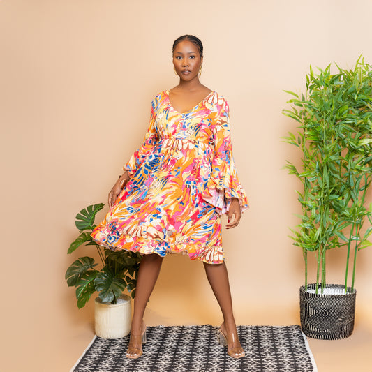 Abstract Floral Flared Sleeve Flowy Dress