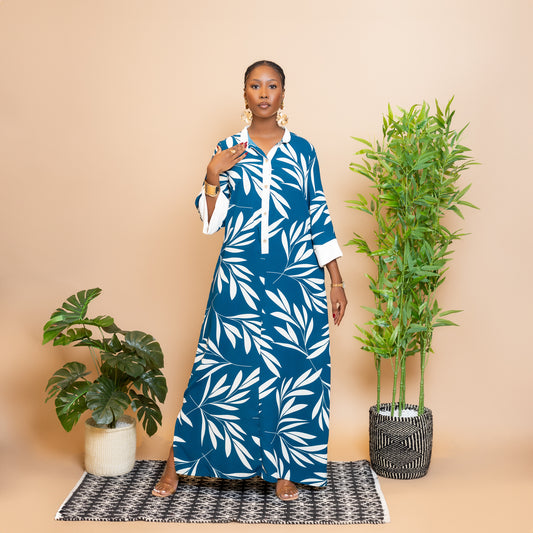 Teal Blue Leaf Print Maxi Dress