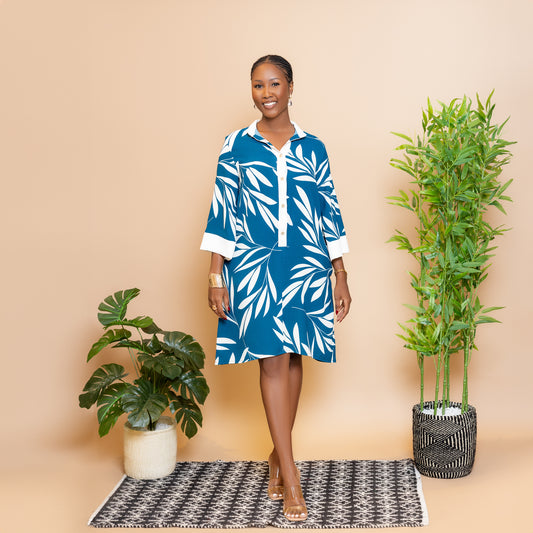 Teal Blue Leaf Print Tunic Dress