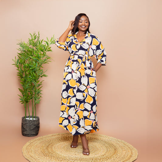 Tropical Floral Scalloped Hem Maxi Dress - Navy Blue/Mustard