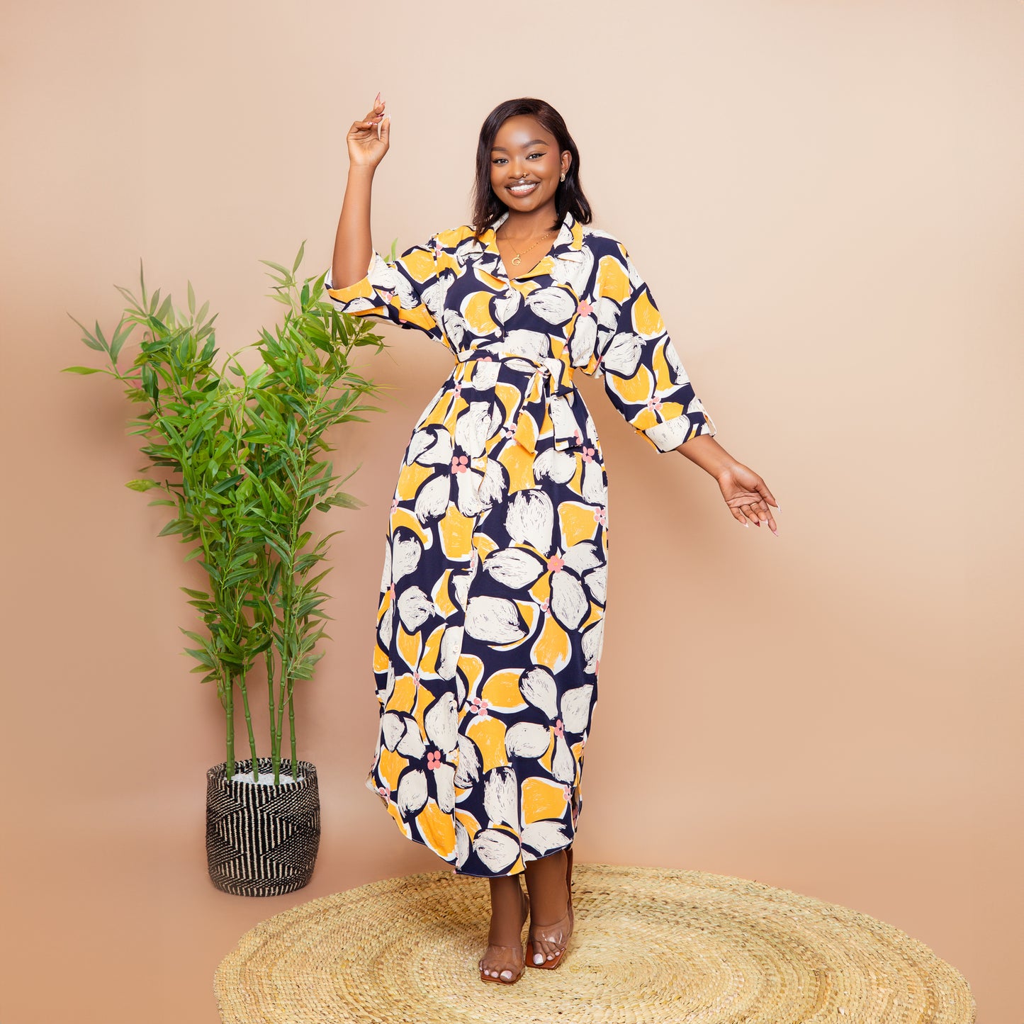 Tropical Floral Scalloped Hem Maxi Dress - Navy Blue/Mustard