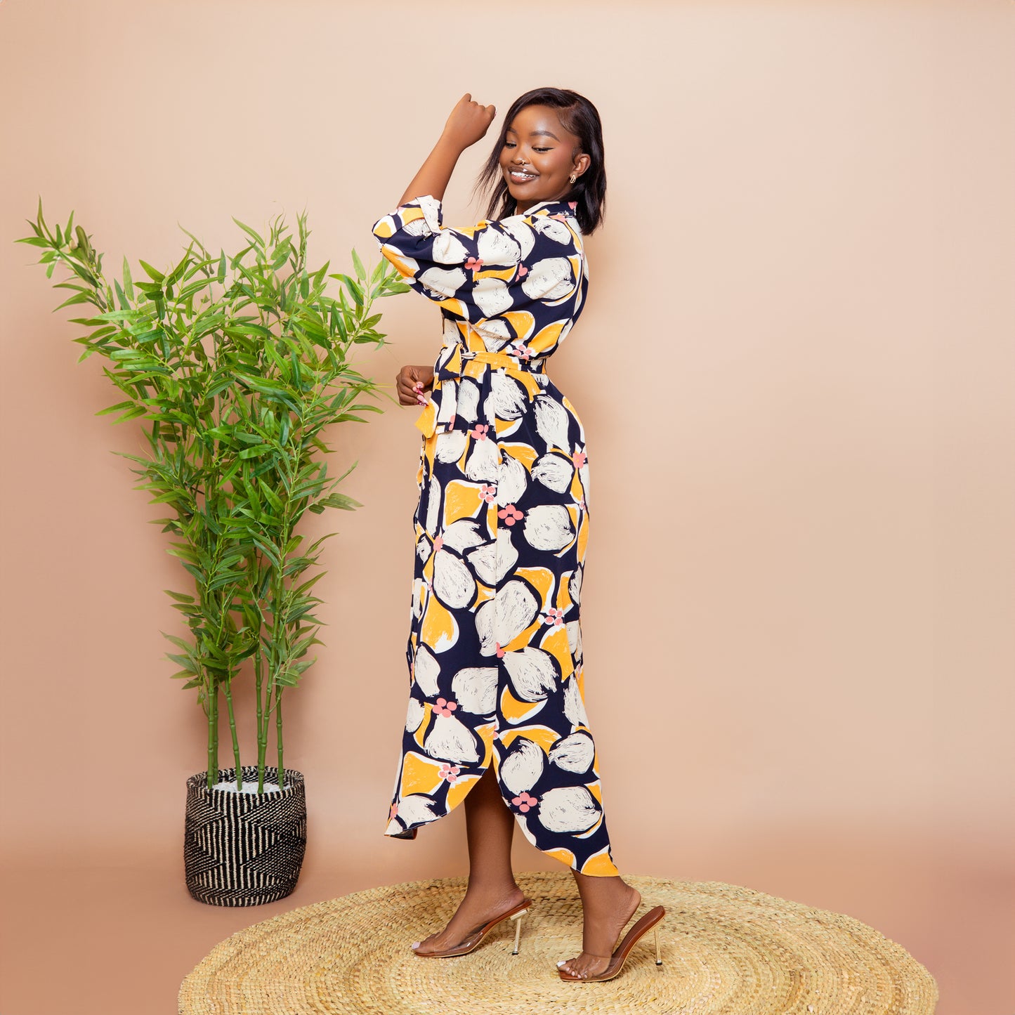 Tropical Floral Scalloped Hem Maxi Dress - Navy Blue/Mustard