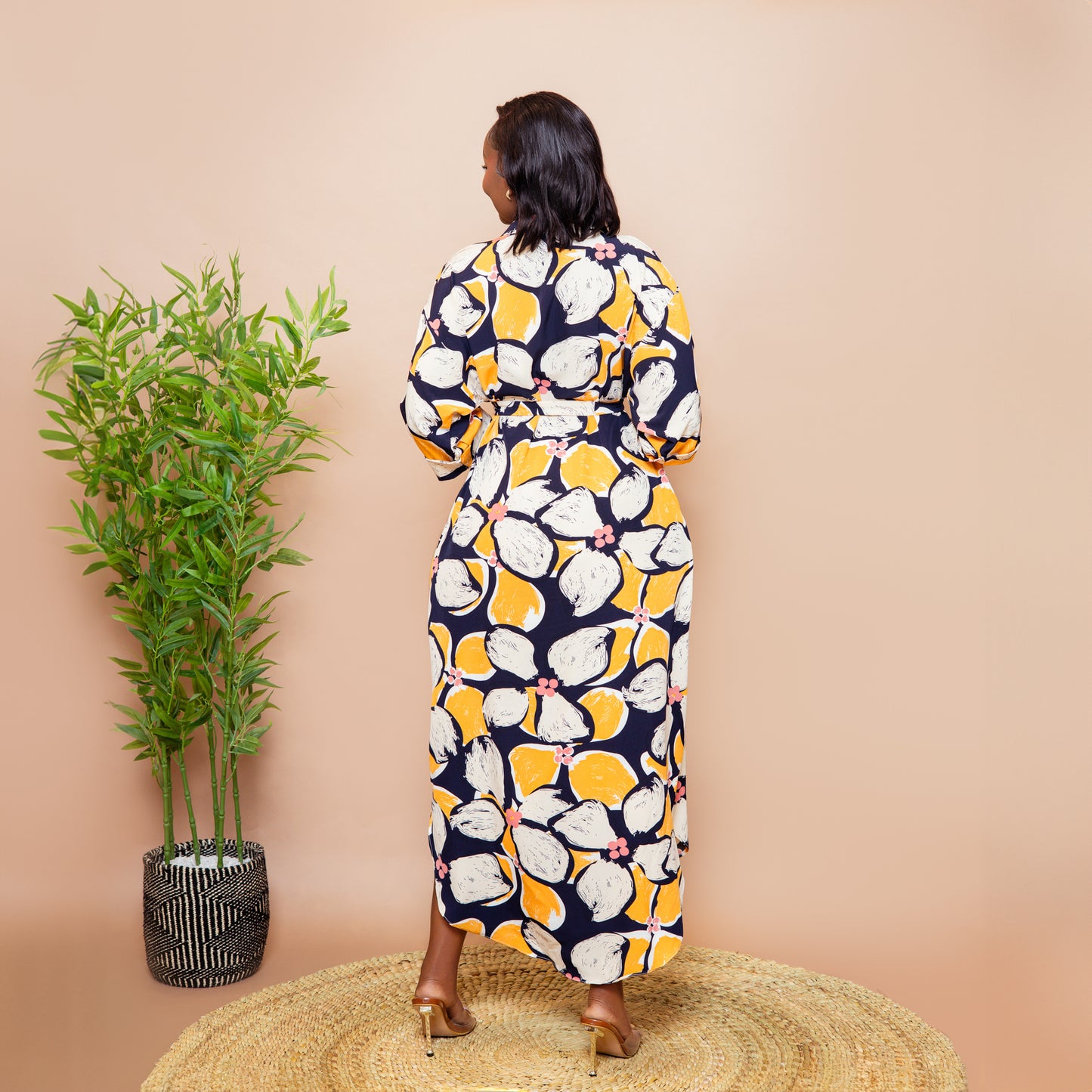 Tropical Floral Scalloped Hem Maxi Dress - Navy Blue/Mustard