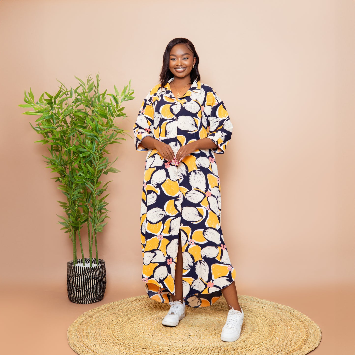 Tropical Floral Scalloped Hem Maxi Dress - Navy Blue/Mustard