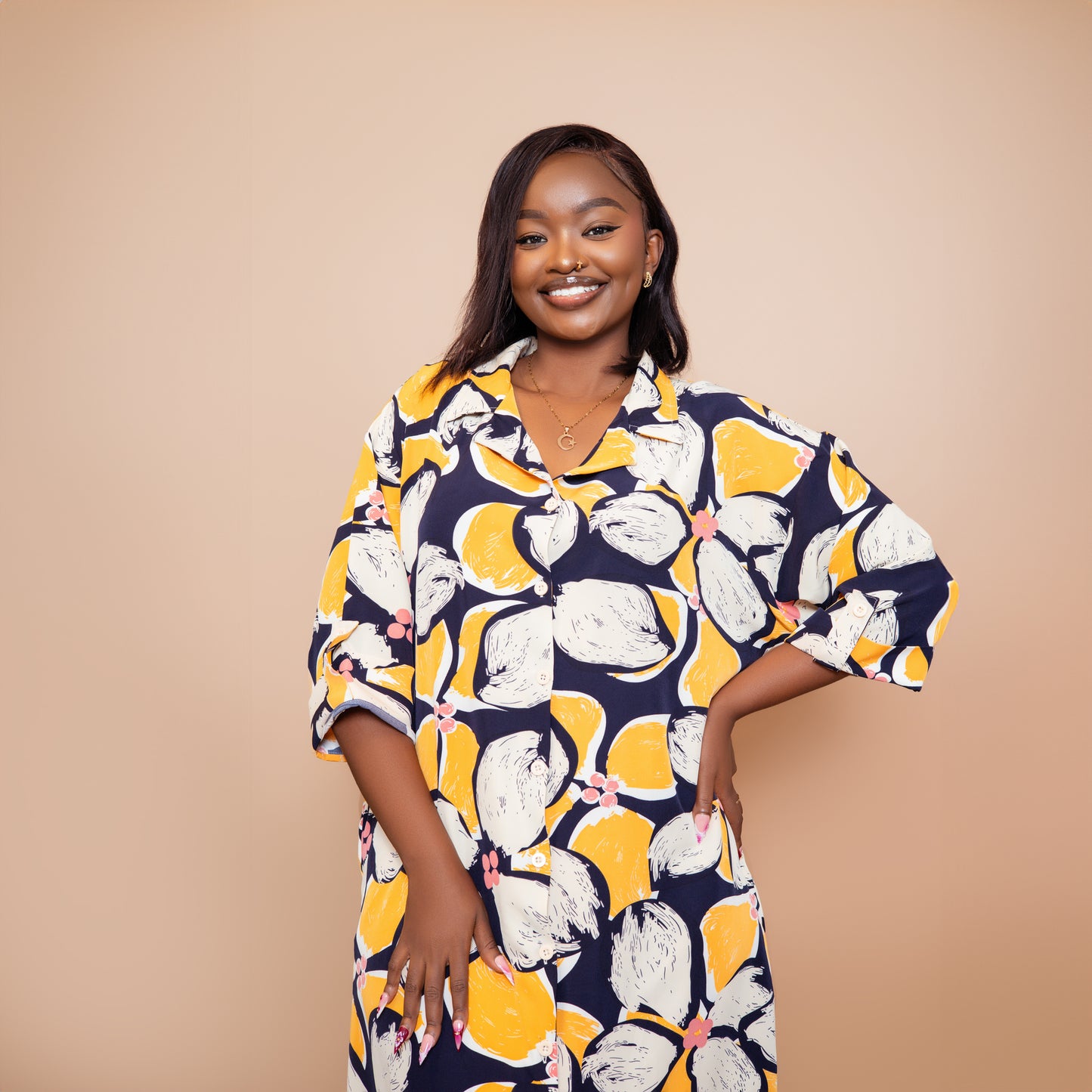 Tropical Floral Scalloped Hem Maxi Dress - Navy Blue/Mustard