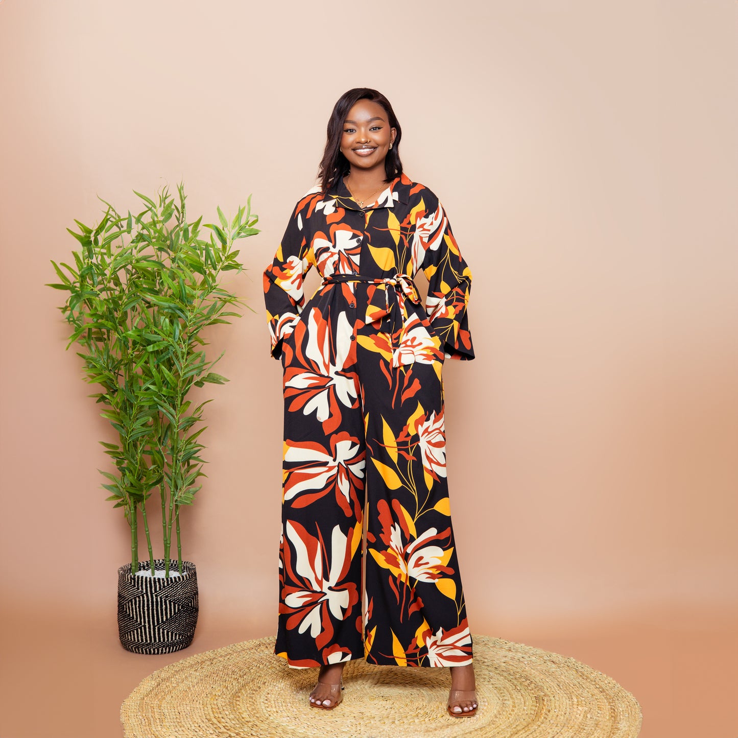 Wide Leg Belted Jumpsuit - Rust Floral