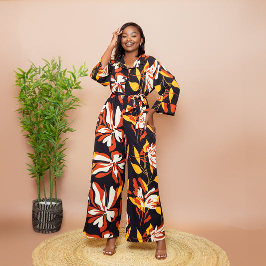 Wide Leg Belted Jumpsuit - Rust Floral