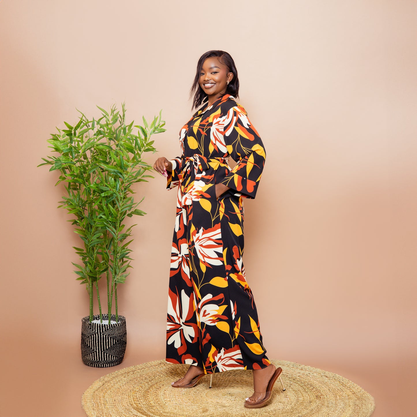 Wide Leg Belted Jumpsuit - Rust Floral