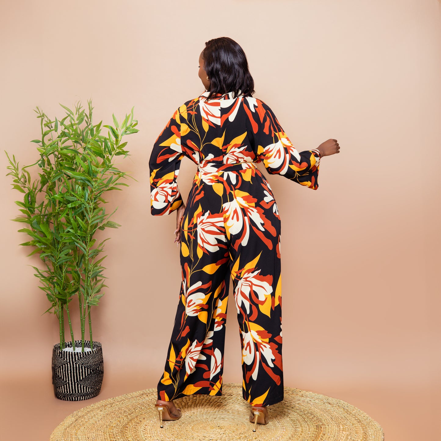 Wide Leg Belted Jumpsuit - Rust Floral