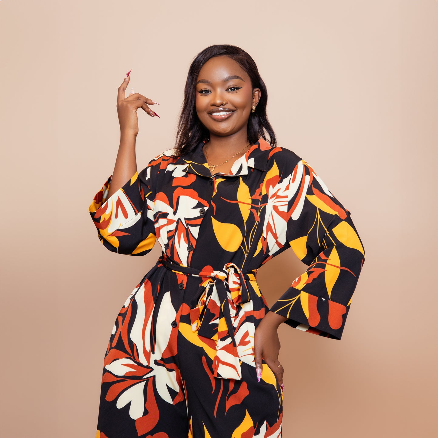 Wide Leg Belted Jumpsuit - Rust Floral