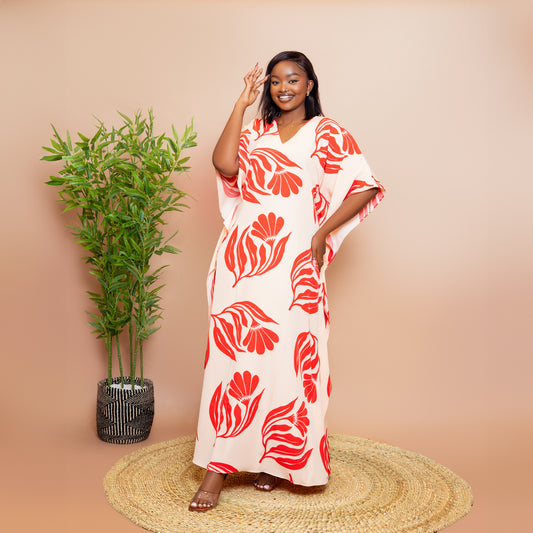 Botanical Floral Maxi Kaftan - Red
