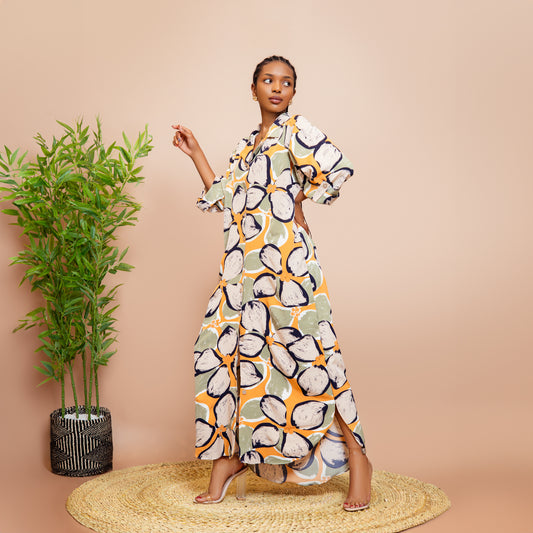 Tropical Floral Scalloped Hem Maxi Dress - Olive Green/Mustard