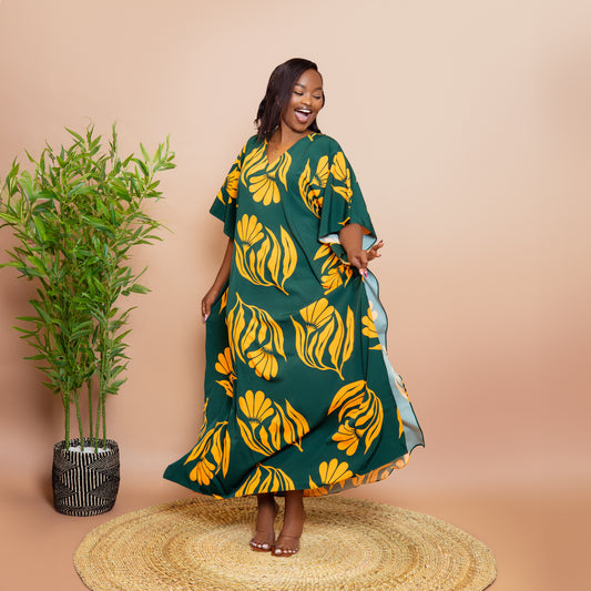 Botanical Floral Maxi Kaftan - Green