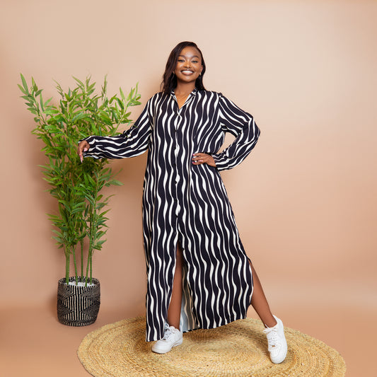 Nia Wavy Stripe Maxi Shirt Dress - Black