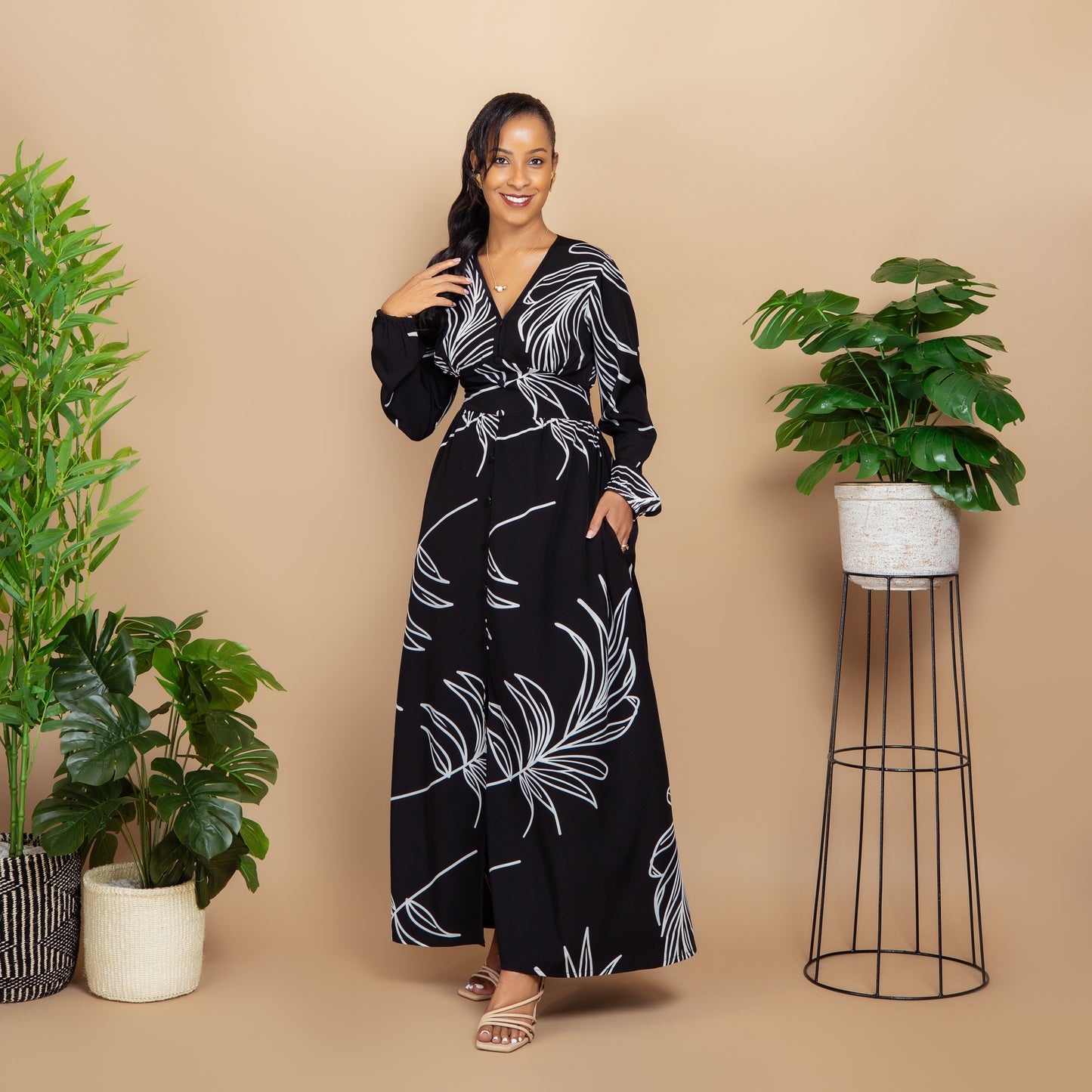 Black Print V Neck Shirred Maxi Dress