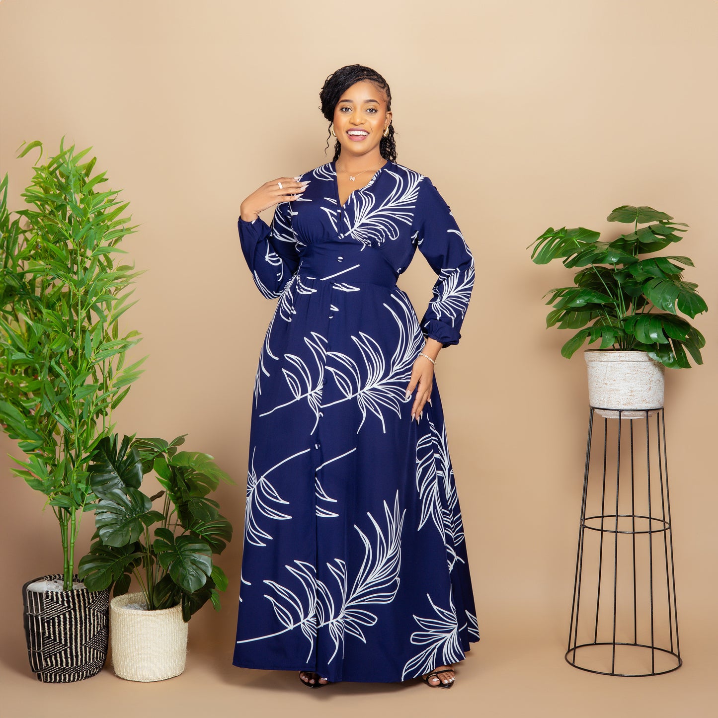 Navy Blue Print V Neck Shirred Maxi Dress