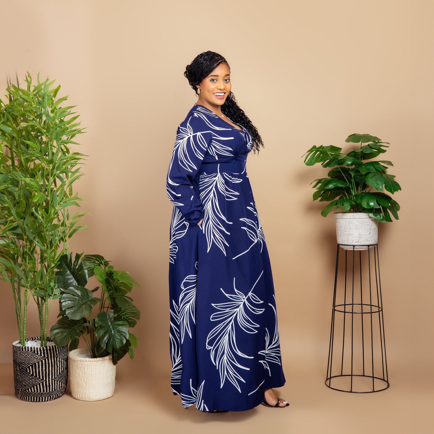 Navy Blue Print V Neck Shirred Maxi Dress