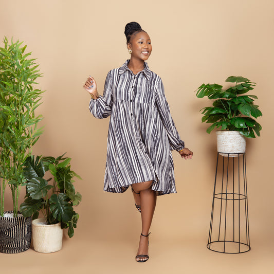 Button Front Smock Shirt Dress - Striped