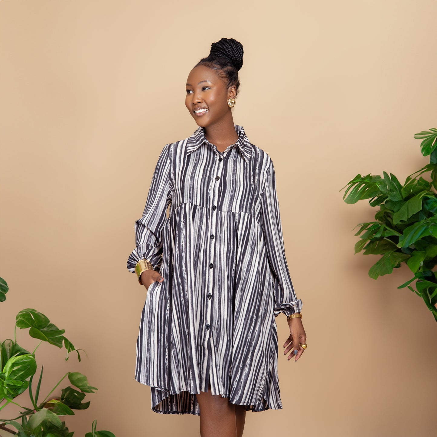 Button Front Smock Shirt Dress - Striped