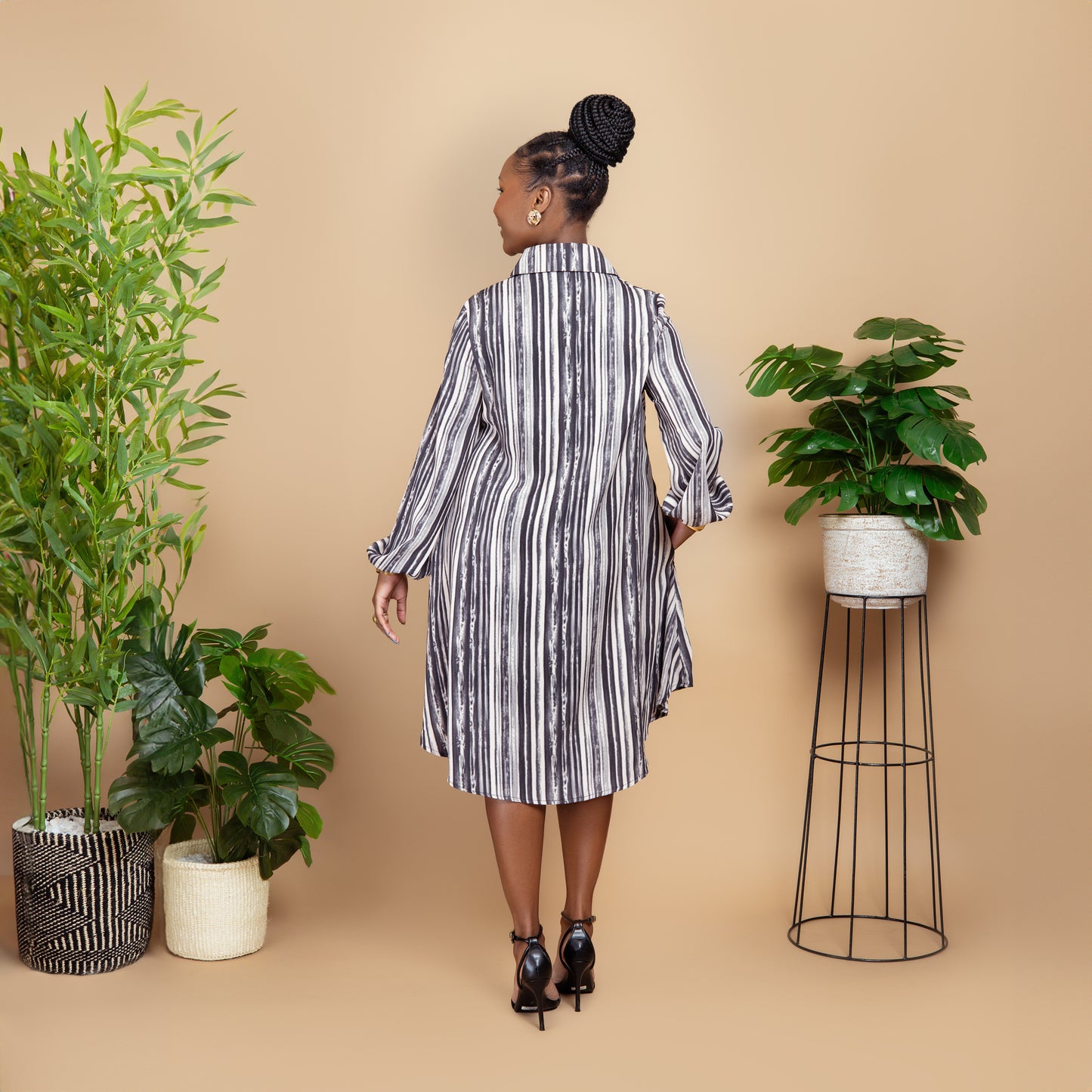 Button Front Smock Shirt Dress - Striped