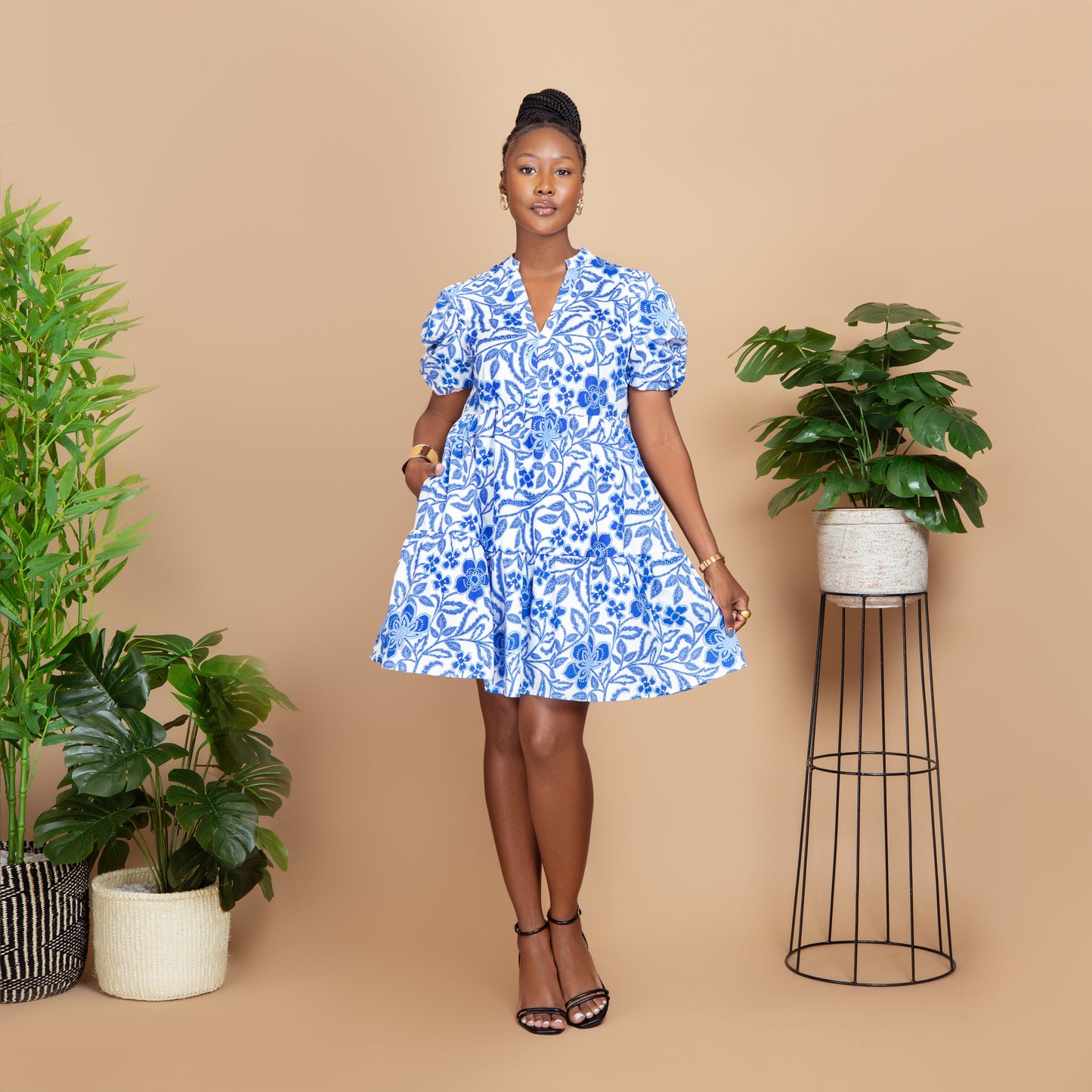 Blue Flower Print Tiered Dress