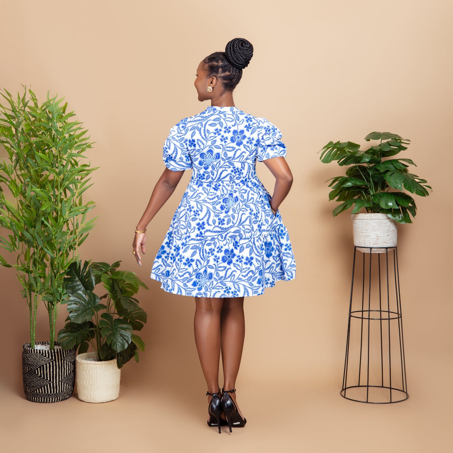 Blue Flower Print Tiered Dress