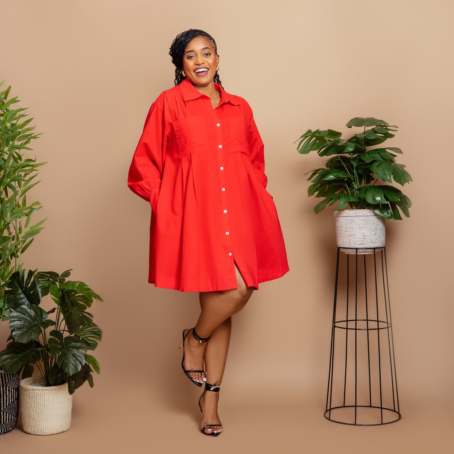 Tomato Red Pleated Shirt Dress