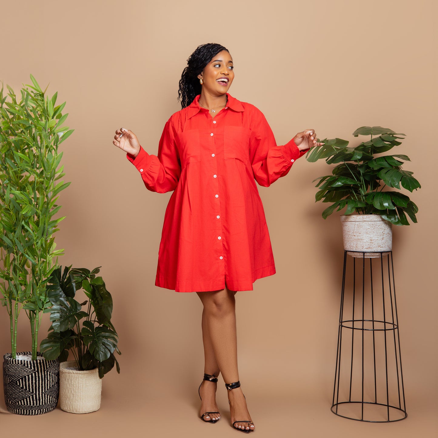 Tomato Red Pleated Shirt Dress