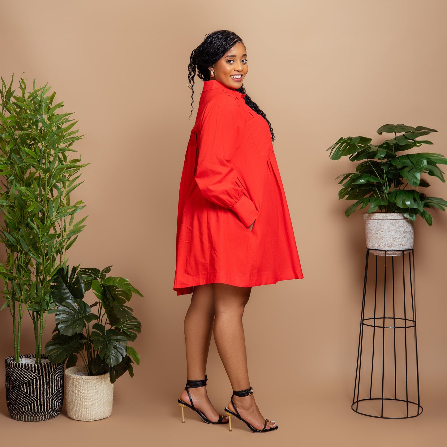 Tomato Red Pleated Shirt Dress