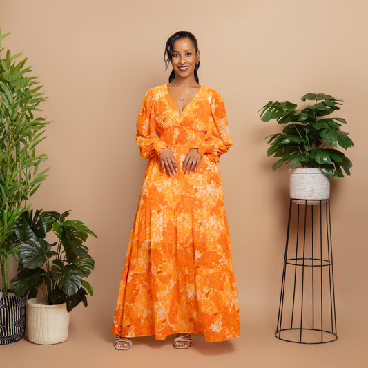 Orange Floral V Neck Maxi Dress