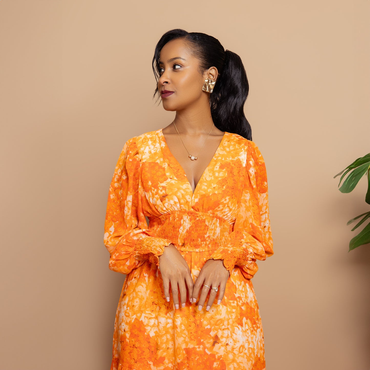 Orange Floral V Neck Maxi Dress