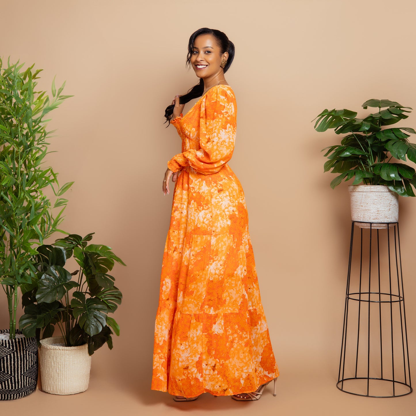 Orange Floral V Neck Maxi Dress