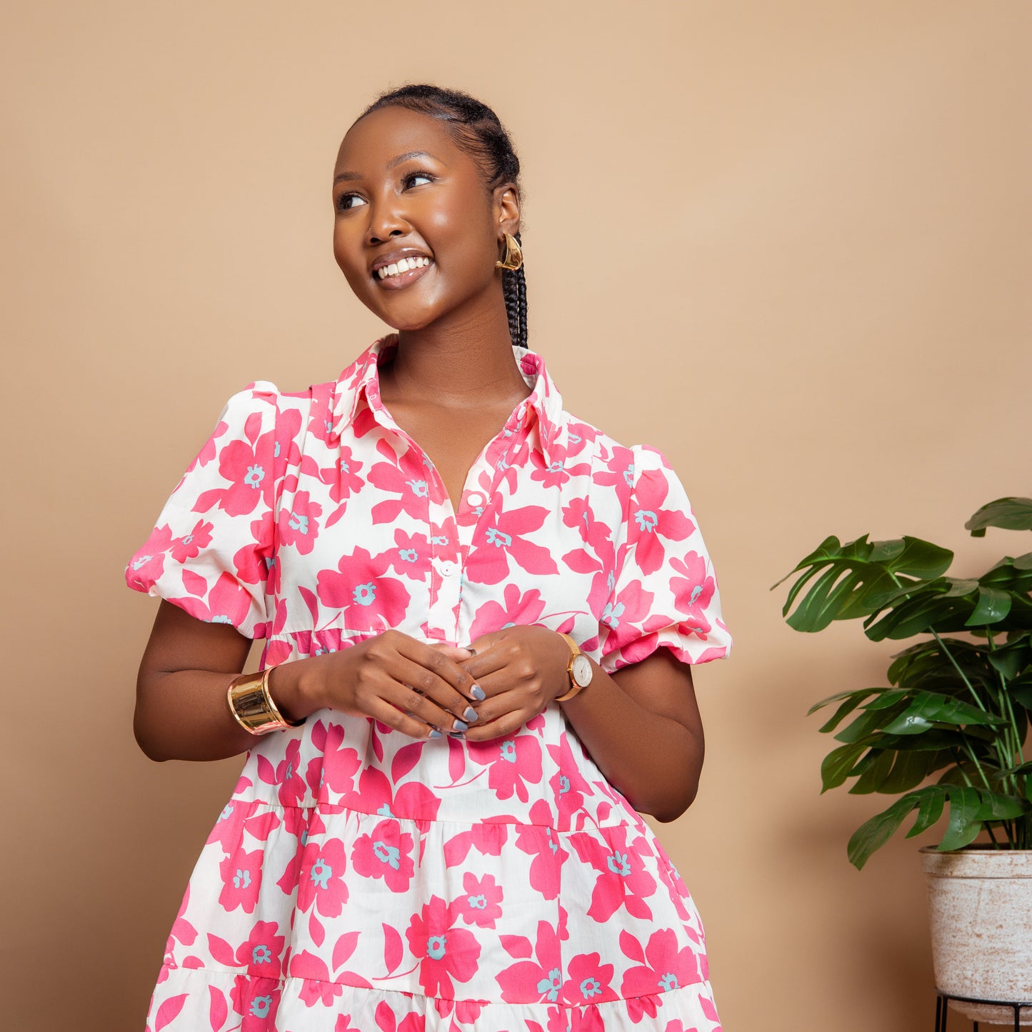 Pink Floral Tiered Dress