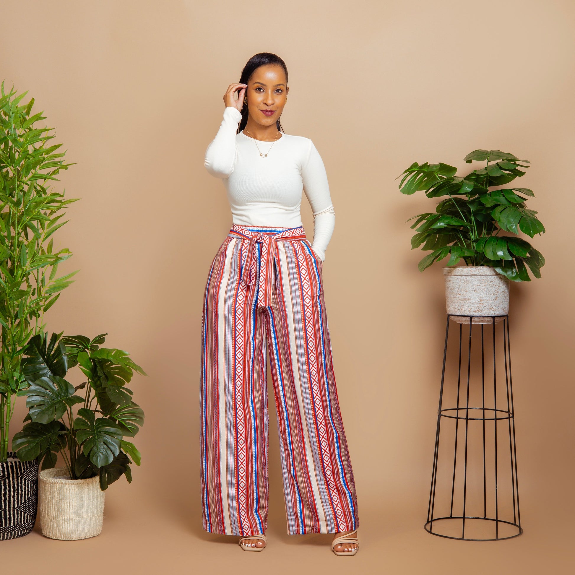 Red Boho Print Tie Waist Palazzo Pants S - Main Image